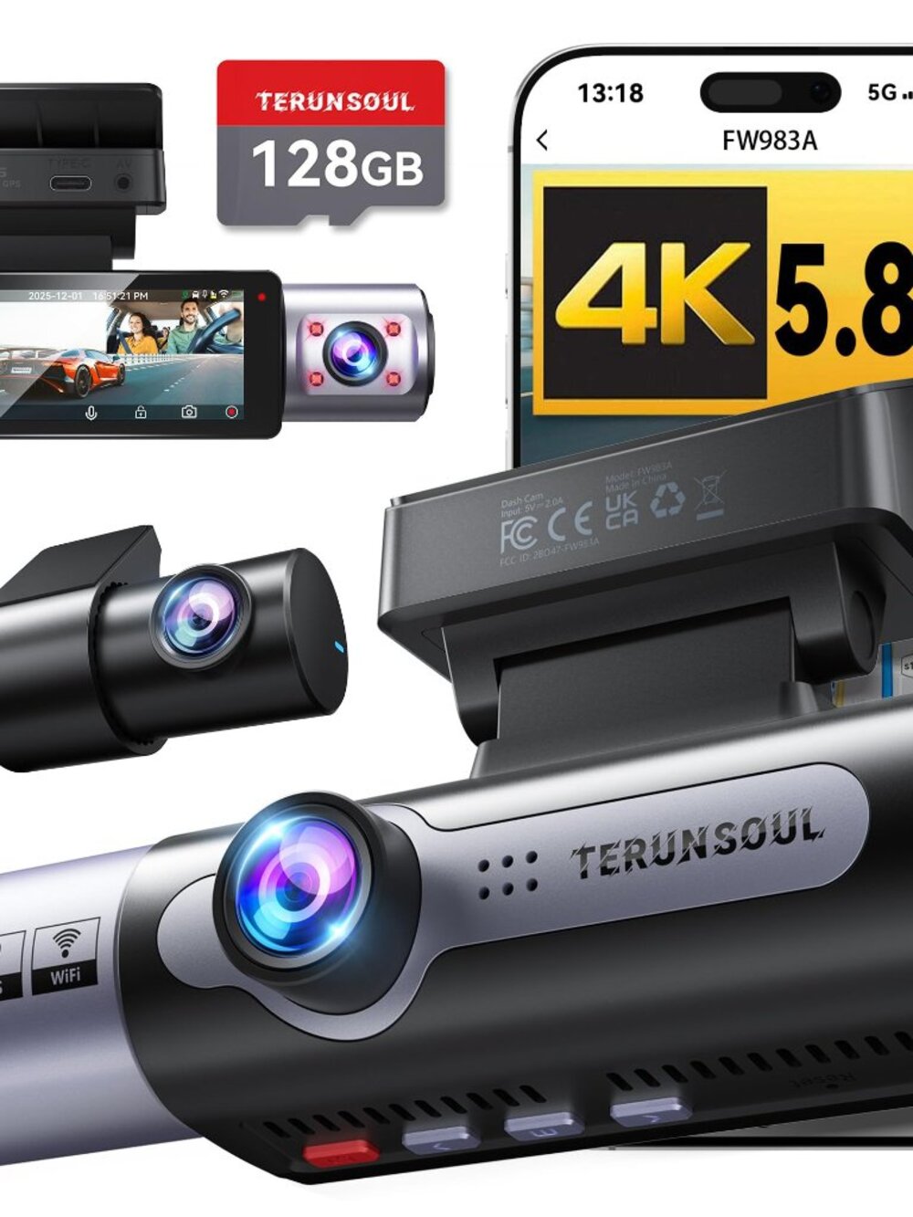 NEW 4K Dash Cam Front and Rear Full HD 3 Channel built-in 5.8GHz WiFi GPS sensor
